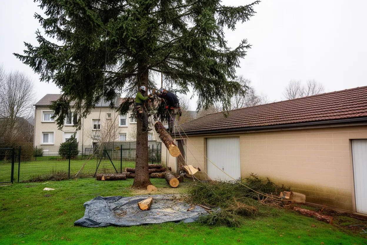 Abattage contrôlé d'un grand arbre au Mans