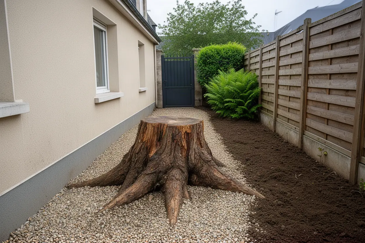 Souche gênant un passage étroit dans jardin à Arnage