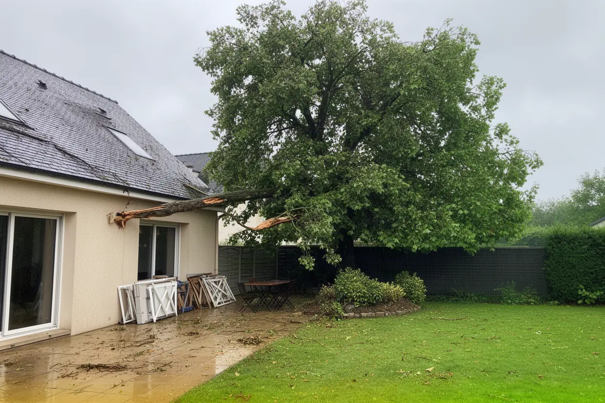 Branche fendue suspendue au-dessus d’une terrasse à Arnage