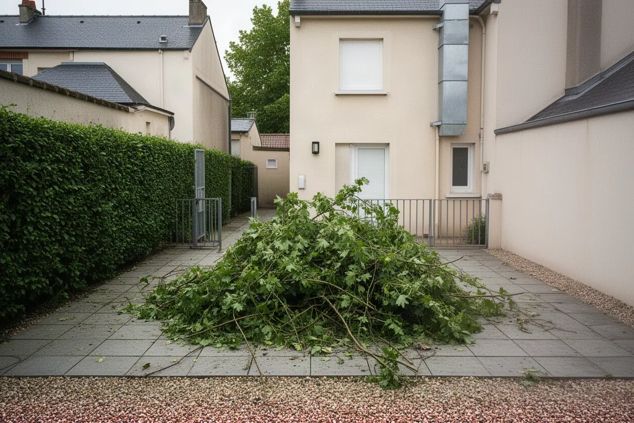 Cour mancelle encombrée de branches avant ramassage