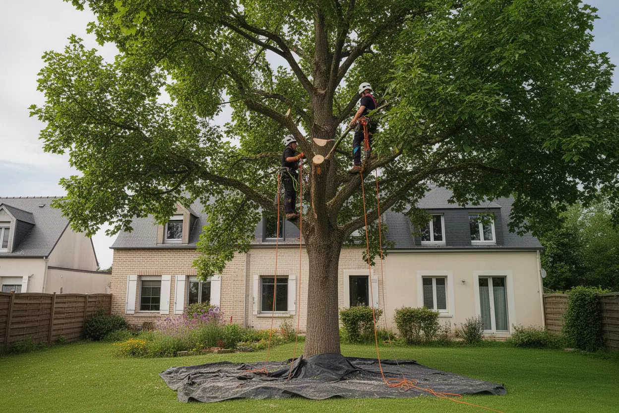 Élagueur taillant un arbre adulte au Mans