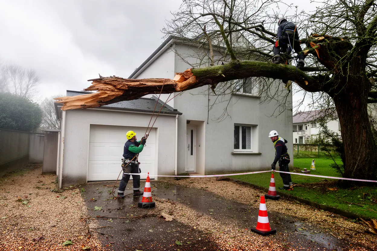 Élagueur sécurisant un arbre après tempête au Mans