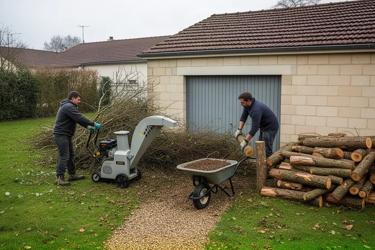 Broyage de branches après élagage dans un jardin à Arnage